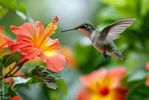 A hummingbird hovering near exotic flowers.