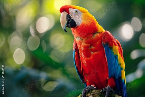 A vibrant macaw perched in a rainforest.