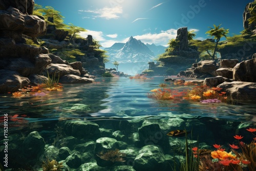  a digital painting of a river surrounded by rocks and plants with a mountain range in the distance in the background.