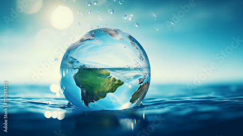 World water day concept, a globe of earth in the form of a drop on the ocean, AI generated