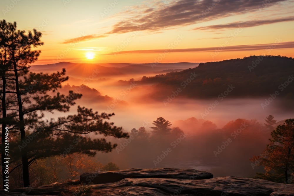 the sun is setting over a foggy valley with pine trees in the foreground and mountains in the background. the sun is setting over a foggy valley with pine trees in the foreground and mountains in the background.