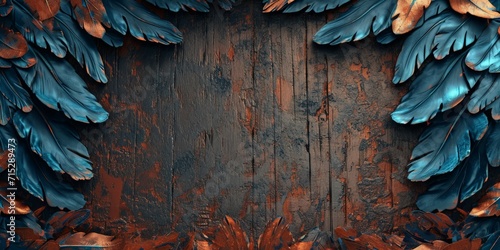 Blue and Copper Metal Bird Feathers on a Wooden Background in the Style of Intricate Woodwork rendered in Maya Organic Stone Carvings Gothic Art Wallpaper created with Generative AI Technology