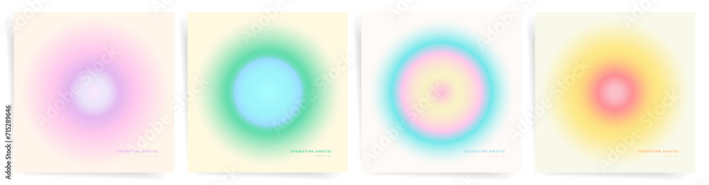 Square Gradient Background Design Set for Album Covers, Posts, Banners, Card and Posters. Springtime radial pink, green, blue abstract graphic frames.
