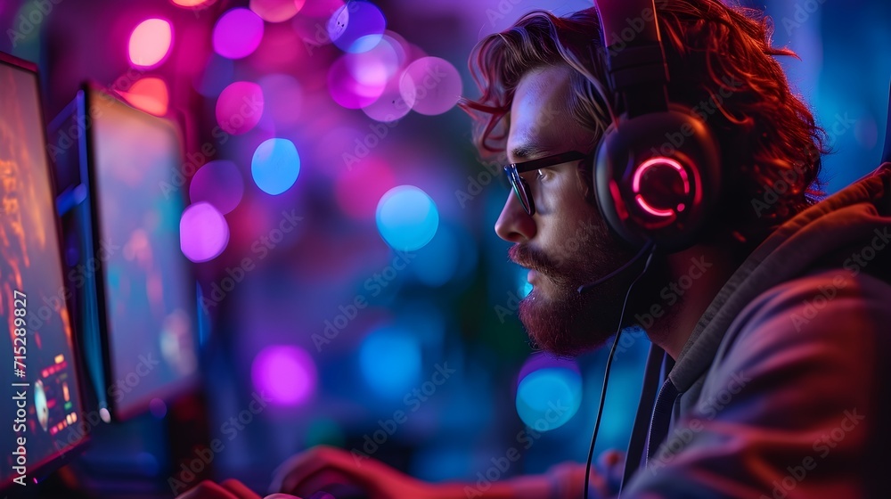 gaming guy play computer game at neon background. computer games and youth. gaming boy, computer games, new technology and youth concept gaming guy play computer game at neon background. computer games and youth. gaming boy, computer games, new technology and youth concept