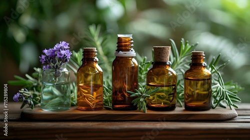 essential oil bottles at a nature background, brand photography, marketing visualization, cosmetics, skin care and beauty concept 