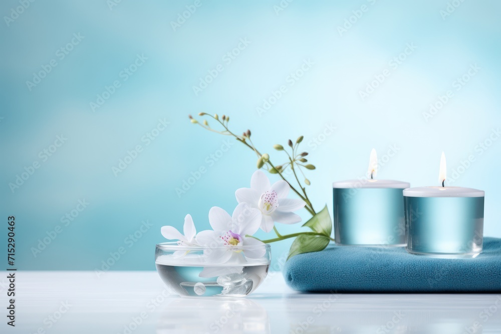  a couple of candles sitting on top of a table next to a bowl of water and a vase with flowers.