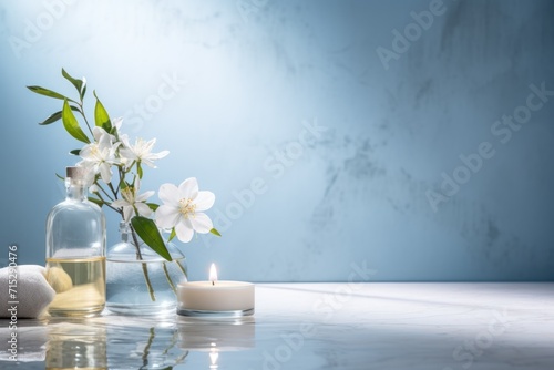  a vase with flowers and a candle sitting on a table next to a towel and a candle on a table.