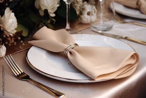  a close up of a plate with a napkin and fork on a table with a vase of flowers in the background.