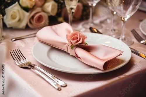  a white plate topped with a pink flower next to a white plate with a pink napkin on top of it.