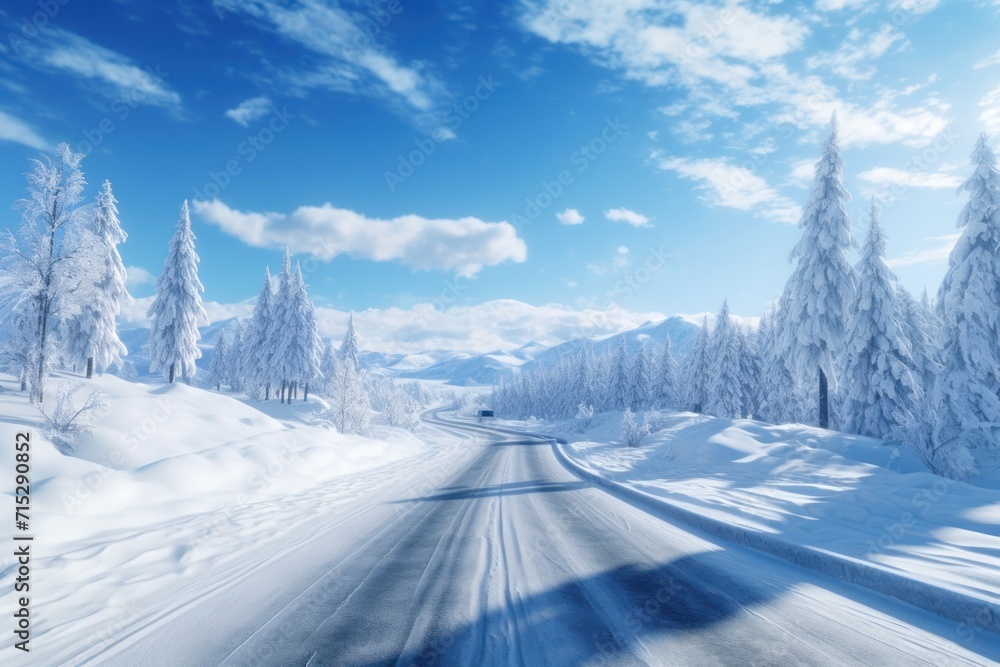 a snow covered road with trees on both sides and a blue sky with white clouds in the middle of the picture. a snow covered road with trees on both sides and a blue sky with white clouds in the middle of the picture.