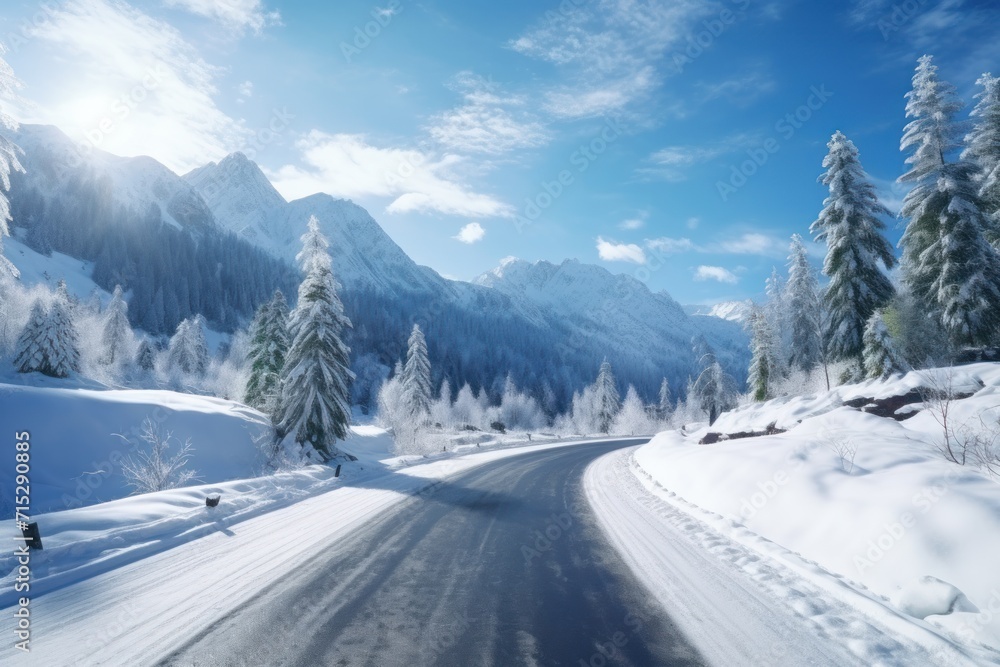  a snow covered road in the mountains with snow on the ground and trees on both sides of the road and a blue sky with white clouds.