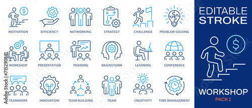 Workshop icon set. Collection of meeting, teamwork, seminar, team building and more. Vector illustration isolated on white. Editable stroke. photo