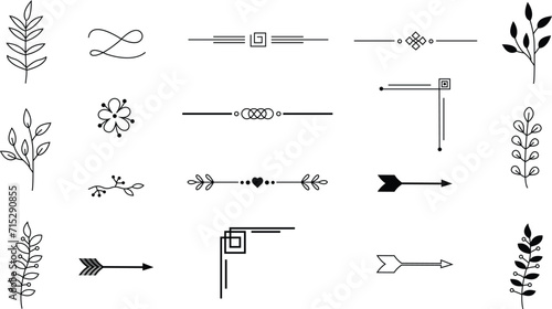 Set of Decoration icons. Divider ornament, corner borders. Hand drawn vectors isolated on transparent background. Outline signs elements kit. Decoration linear icons paper break, book decorations.