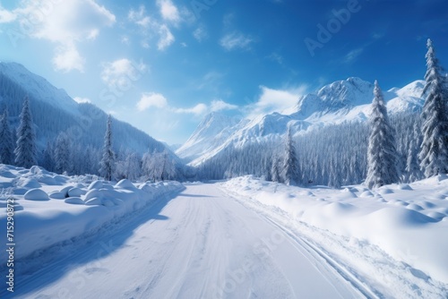  a snow covered road in the middle of a mountain range with snow on the ground and trees on both sides of the road. © Nadia