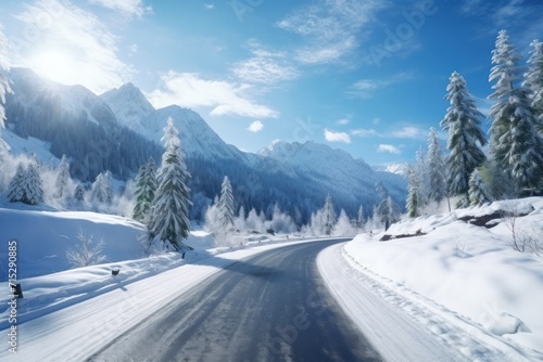  a snow covered road in the mountains with snow on the ground and trees on both sides of the road and a blue sky with white clouds. © Nadia