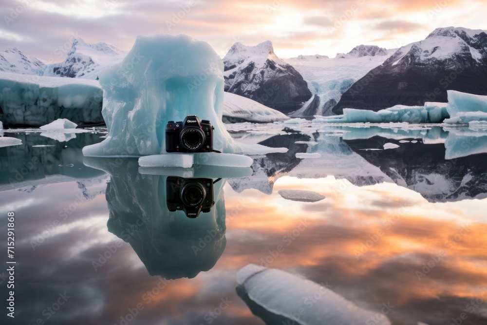  a camera sitting on top of an iceberg in the middle of a body of water with mountains in the background.