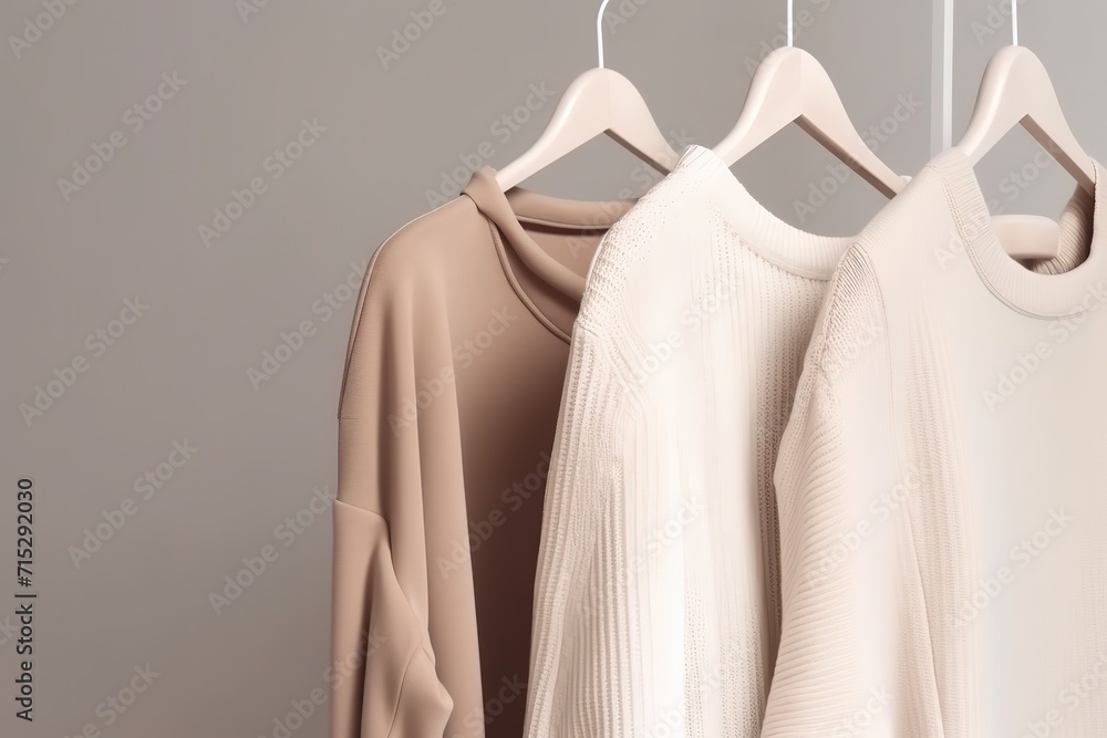 Neutral-toned clothes on hangers against a gray background, minimalist fashion concept. - obrazy, fototapety, plakaty 