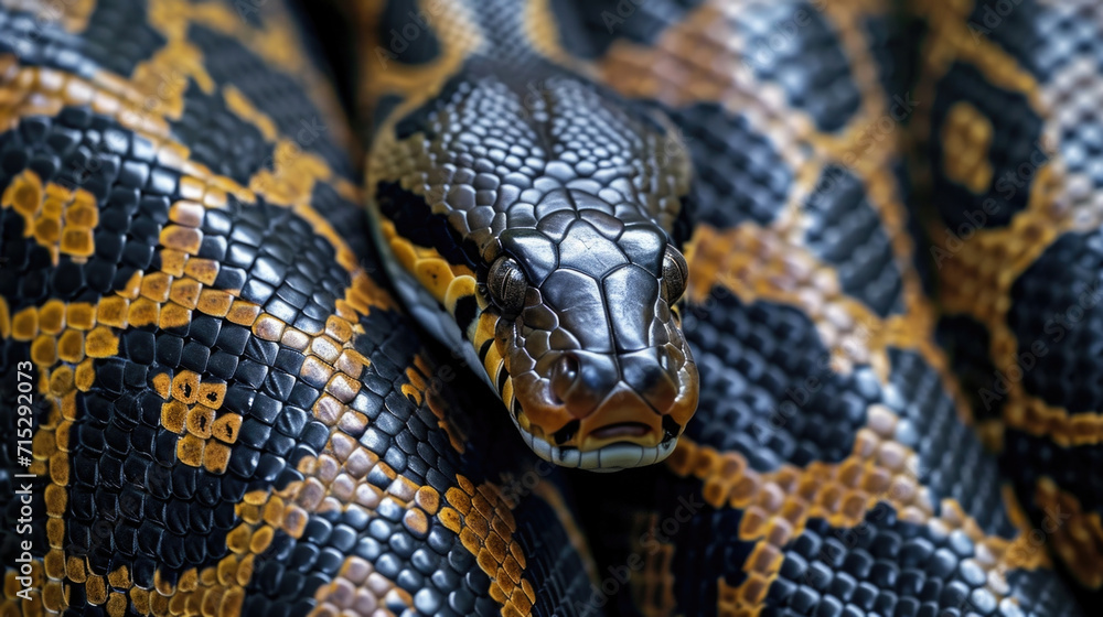 Closeup of the intricate patterns on an anacondas skin perfectly designed to camouflage and blend in with the surrounding wetland environment Closeup of the intricate patterns on an anacondas skin perfectly designed to camouflage and blend in with the surrounding wetland environment
