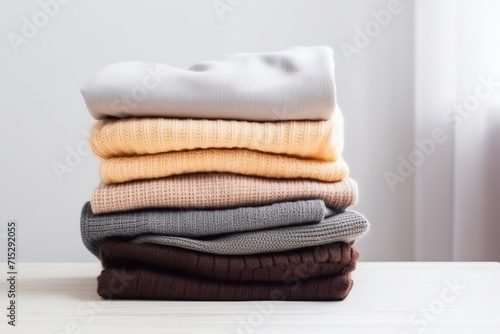 Folded sweaters on table against neutral background.
