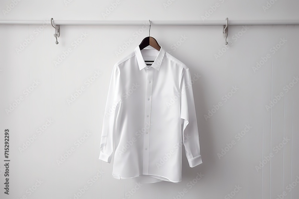 White dress shirt hanging on a wooden hanger against a neutral wall. White dress shirt hanging on a wooden hanger against a neutral wall.