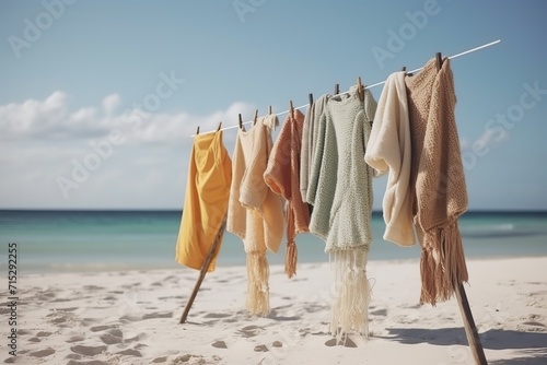 Beachwear and a straw hat drying on a line at a sandy beach with clear sky in the background.