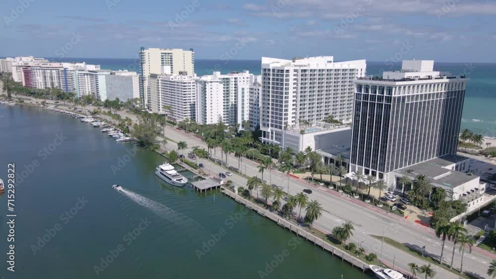 An epic aerial perspective along Collins Avenue as a drone captures the modern hotel buildings that line the ocean front and offers breathtaking views of the water. An epic aerial perspective along Collins Avenue as a drone captures the modern hotel buildings that line the ocean front and offers breathtaking views of the water.