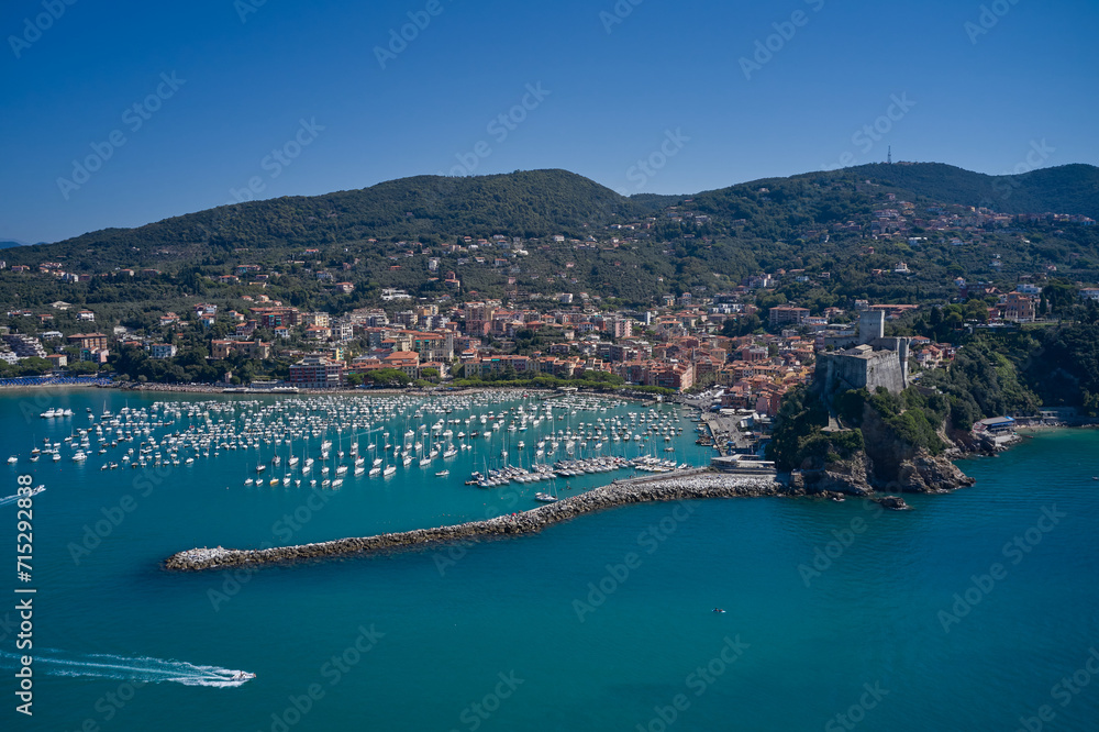 Aerial panorama of the city of Lerici. Italian resorts on the Ligurian coast aerial view. Cityscape of Lerici Tourist resorts on the coast of the Gulf of La Spezia, Mediterranean sea, Liguria, Italy.