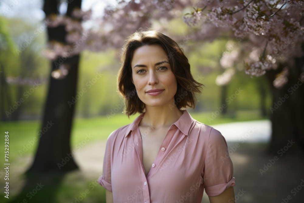 Portrait of a beautiful woman in a pink blouse in the spring park Portrait of a beautiful woman in a pink blouse in the spring park