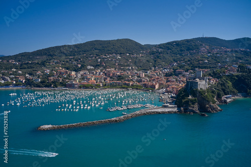 Aerial panorama of the city of Lerici. Italian resorts on the Ligurian coast aerial view. Cityscape of Lerici Tourist resorts on the coast of the Gulf of La Spezia, Mediterranean sea, Liguria, Italy.