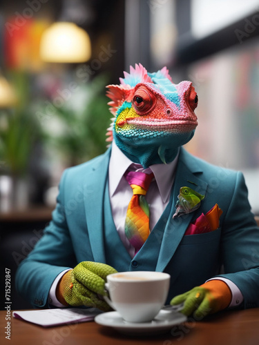 Generative AI A chameleon in a suit drinking coffee at a cafe