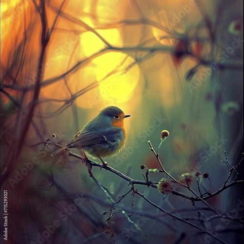 Bright birds in nature. Bright colorful birds in the forest, on a tree, on a branch. Nature. Wallpaper. © Archie