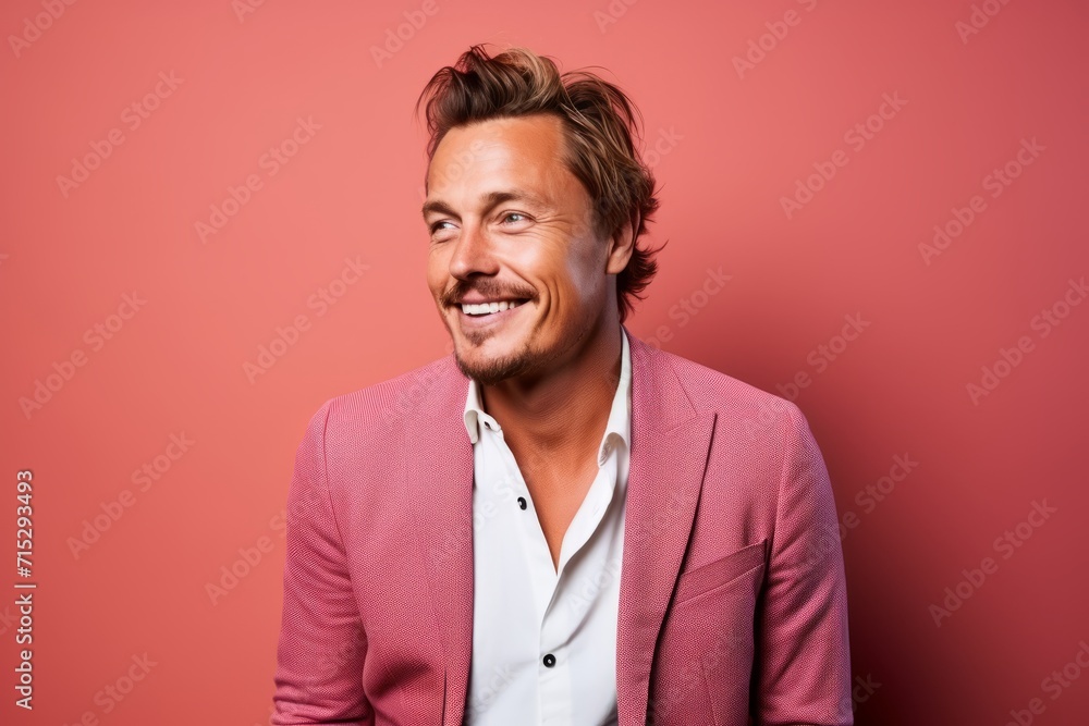 Portrait of a handsome young man in a pink jacket on a pink background. Portrait of a handsome young man in a pink jacket on a pink background.