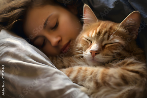 Woman with cat sleeping on bed. A woman hug a American Bobtail cat kitten or Maine Coon orange color in the blanket on the bed. love animals pet cat. Soft focus and blurred.