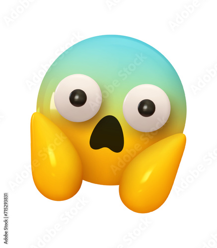 Emoji Screaming in Fear. Emotion 3d cartoon icon. Yellow round emoticon screeching with fear and surprise. Vector illustration