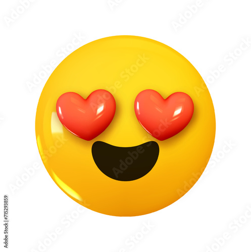 Smiling Face Emoji with Hearts instead of eyes. Emotion 3d cartoon icon. Yellow round emoticon. Vector illustration