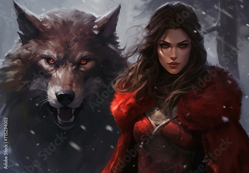 werewolf and a woman in a mysterious forest. close-up.