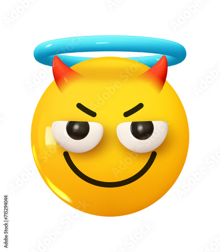 Emoji Sinister smile with horns and a halo ring on the head. Emotion 3d cartoon icon. Yellow round emoticon. Vector illustration