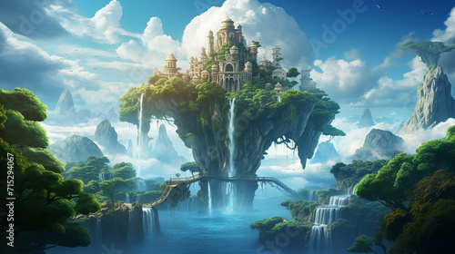 floating island in the sky. A whimsical illustration of a small, lush island floating in the sky