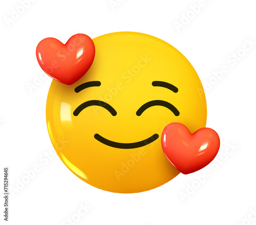 Emoji Happy loving face with red hearts. Emotion 3d cartoon icon. Yellow round emoticon. Vector illustration