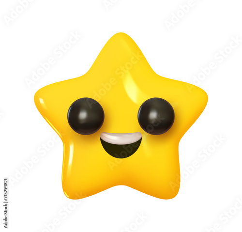 Emoji Smiling star with big eyes. Emotion 3d cartoon icon. Yellow star emoticon. Vector illustration