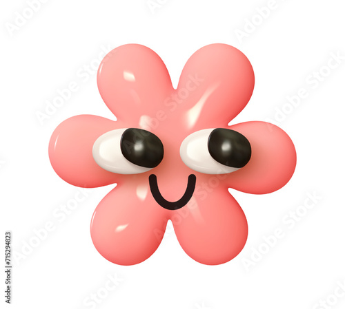 Emoji Pink flower with big eyes. Emotion 3d cartoon icon. Rose emoticon. Vector illustration