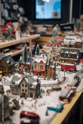 Creative office desk decorated with a miniature Christmas village, complete with tiny houses and snow, Generative AI