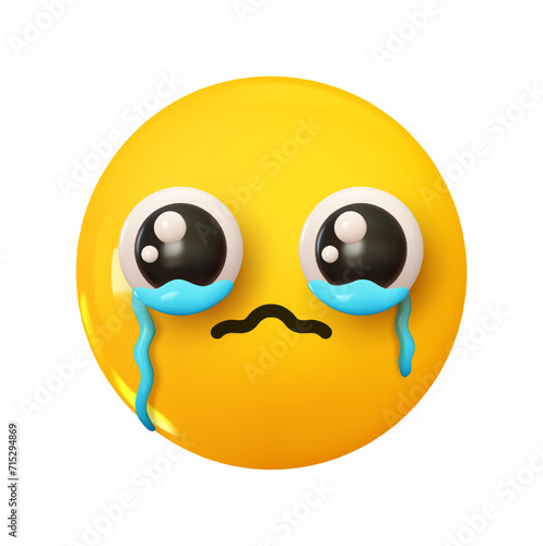 Emoji Face Holding Back Tears. Emotion 3d cartoon icon. Yellow round emoticon. Vector illustration