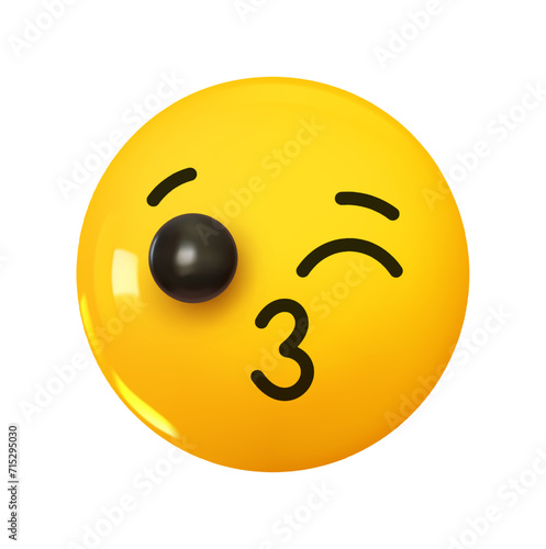 Emoji Kissing face emoji with winking eyes. Emotion 3d cartoon icon. Yellow round emoticon. Vector illustration