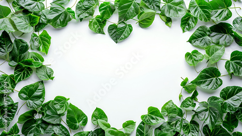 green leaves frame with heart shape on white background, generative ai