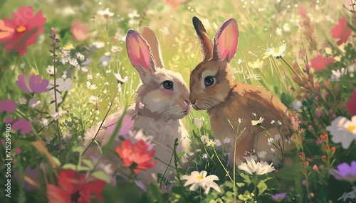 a charming scene of two rabbits frolicking in a wildflower meadow. One rabbit, with soft brown fur, stands on its hind legs, reaching for a delicate purple flower