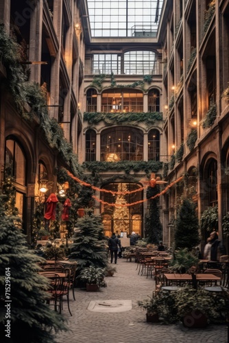 Festive office courtyard with a holiday market, featuring Christmas vendors and joyful decorations, Generative AI