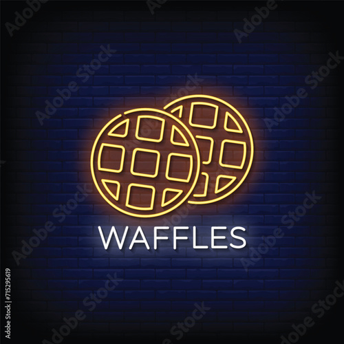 Neon Sign waffles with brick wall background vector