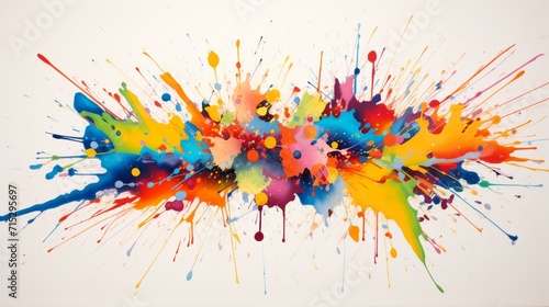 an isolated explosion of colorful splatters on a clean white canvas, showcasing the energetic and spontaneous essence of this lively artwork.