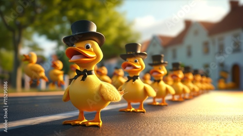 Photo Cartoon scene A fancy tophat wearing duck leading the parade followed by a trail